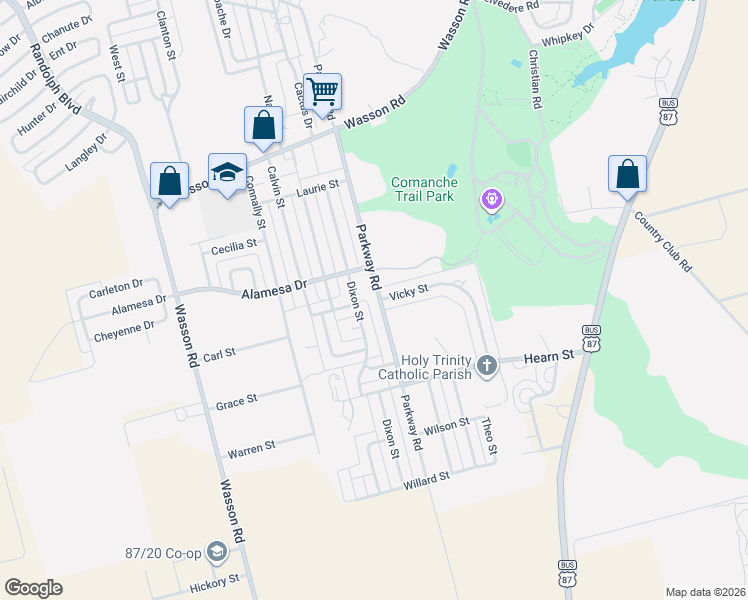 map of restaurants, bars, coffee shops, grocery stores, and more near 3906 Parkway Road in Big Spring