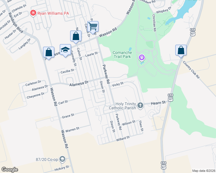map of restaurants, bars, coffee shops, grocery stores, and more near 3906 Parkway Road in Big Spring