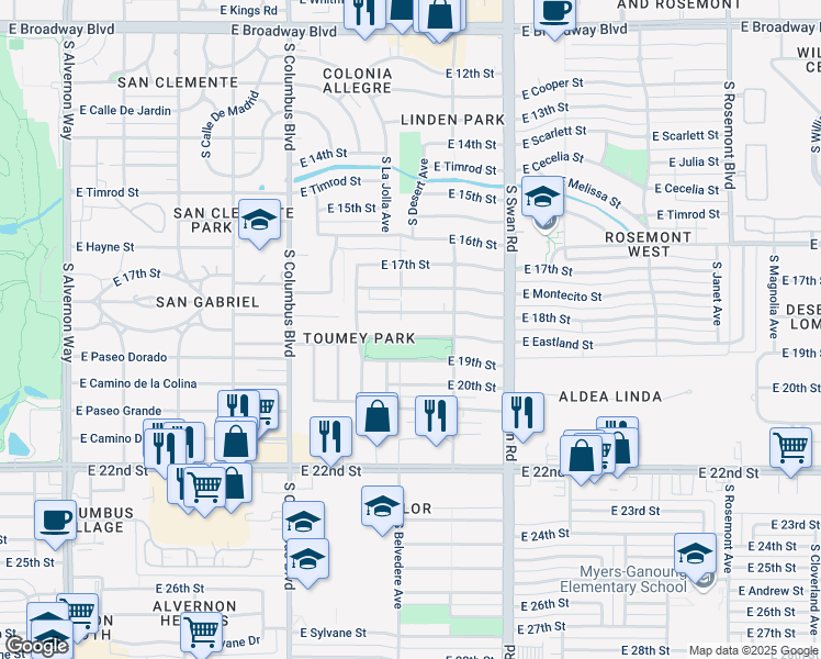 map of restaurants, bars, coffee shops, grocery stores, and more near 4503 East Eastland Street in Tucson