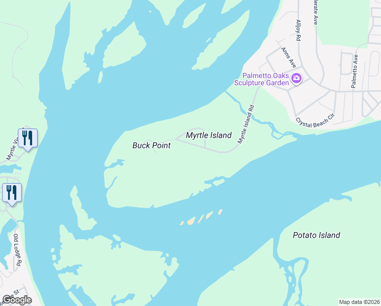 map of restaurants, bars, coffee shops, grocery stores, and more near 95 Myrtle Island Road in Bluffton