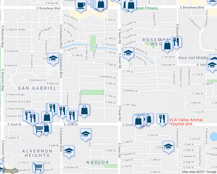 map of restaurants, bars, coffee shops, grocery stores, and more near 4626 East Eastland Street in Tucson
