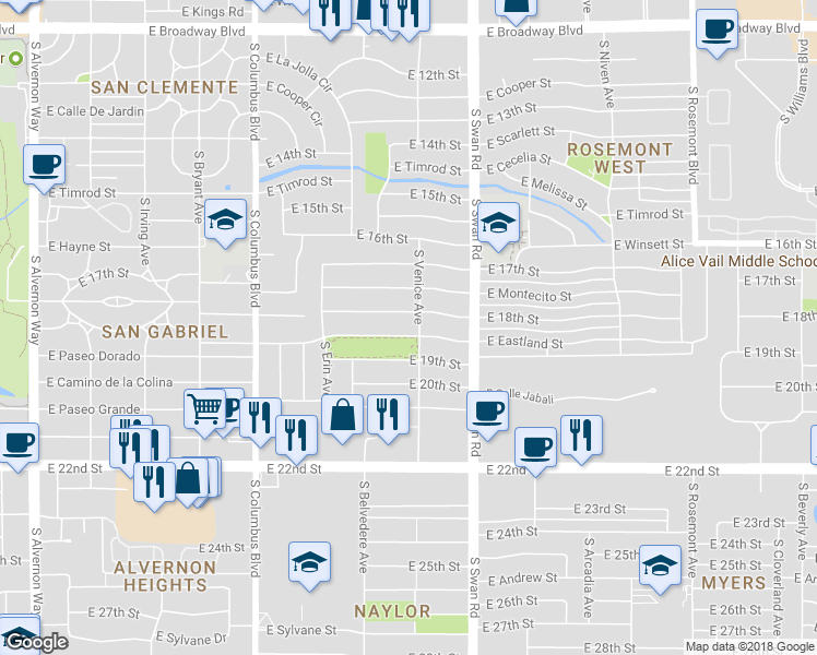 map of restaurants, bars, coffee shops, grocery stores, and more near 4500 East Eastland Street in Tucson