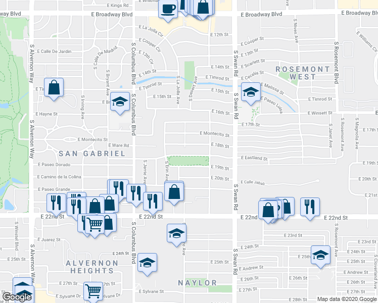 map of restaurants, bars, coffee shops, grocery stores, and more near 4503 East Eastland Street in Tucson