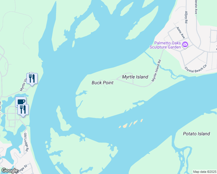 map of restaurants, bars, coffee shops, grocery stores, and more near 119 Myrtle Island Road in Bluffton