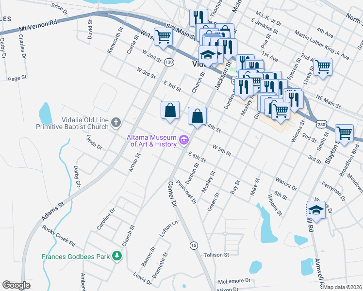 map of restaurants, bars, coffee shops, grocery stores, and more near 109 East 6th Street in Vidalia