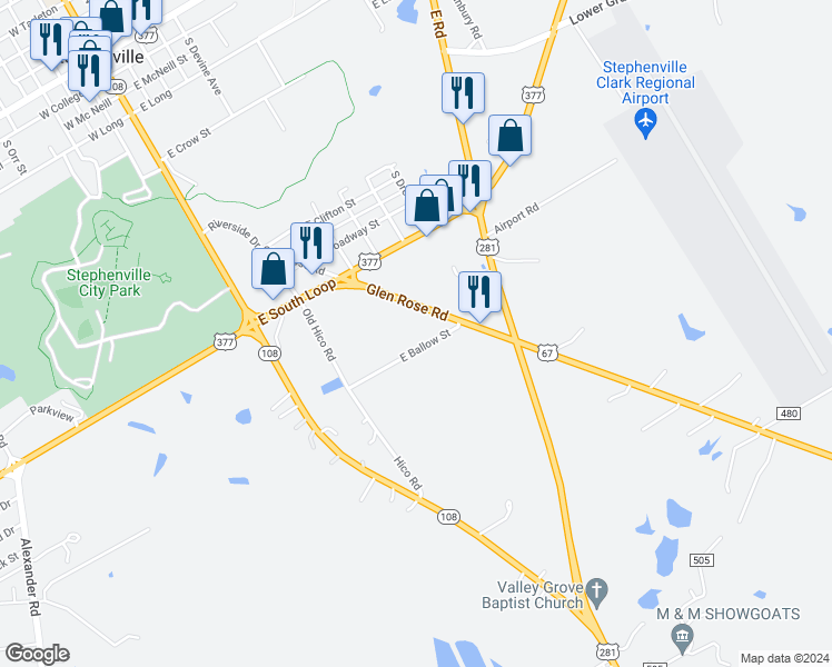 map of restaurants, bars, coffee shops, grocery stores, and more near 1038 Glen Rose Road in Stephenville