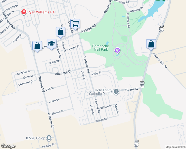 map of restaurants, bars, coffee shops, grocery stores, and more near 4004 Vicky Street in Big Spring