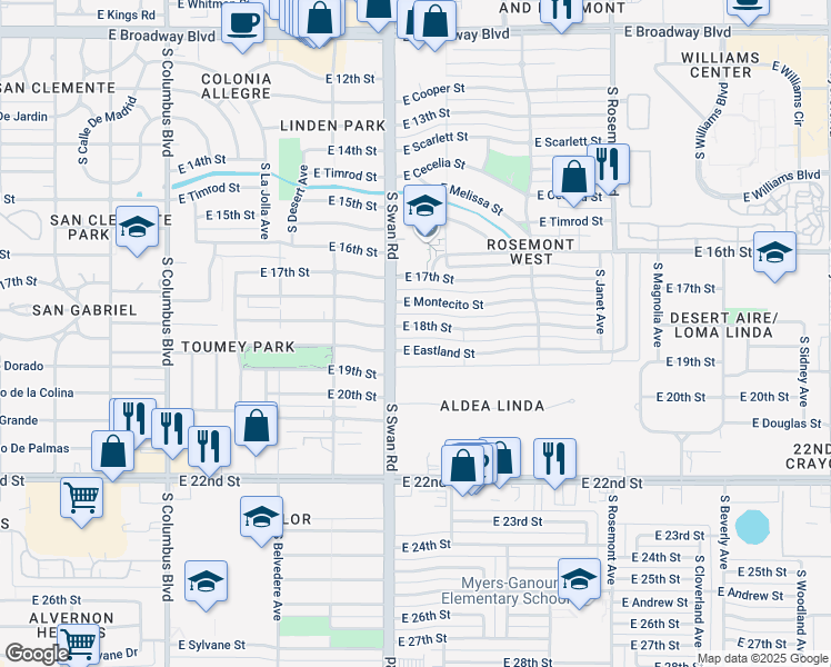 map of restaurants, bars, coffee shops, grocery stores, and more near 4702 East Eastland Street in Tucson