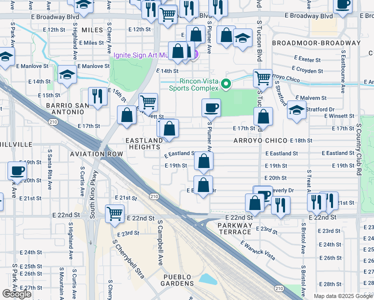 map of restaurants, bars, coffee shops, grocery stores, and more near 2055 East 19th Street in Tucson