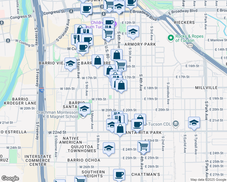 map of restaurants, bars, coffee shops, grocery stores, and more near 835 South 7th Avenue in Tucson