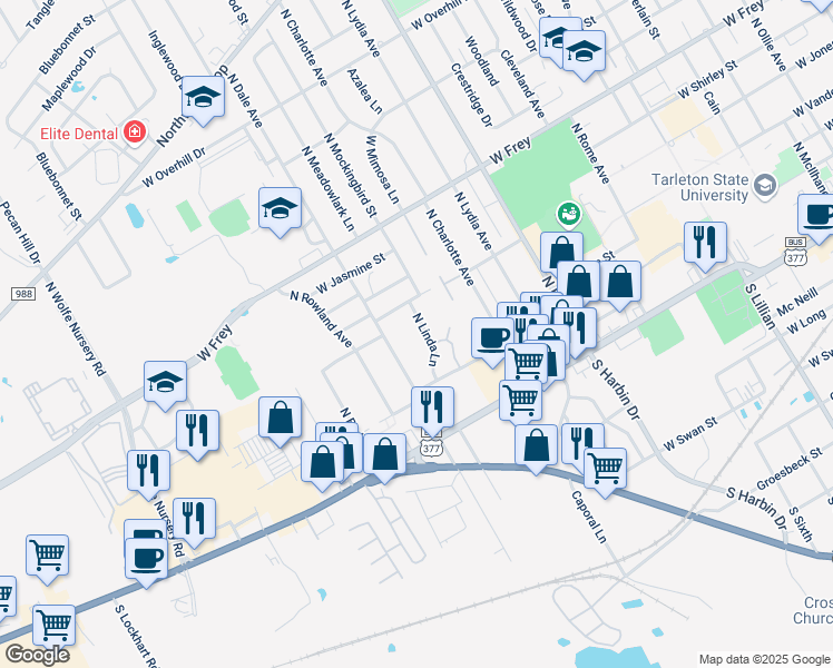 map of restaurants, bars, coffee shops, grocery stores, and more near 106 North Linda Lane in Stephenville