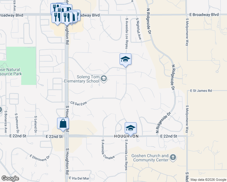 map of restaurants, bars, coffee shops, grocery stores, and more near 10605 East Calle Del Este in Tucson