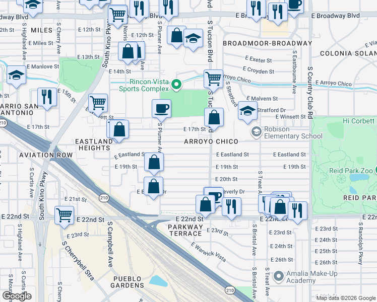 map of restaurants, bars, coffee shops, grocery stores, and more near 2339 East Eastland Street in Tucson