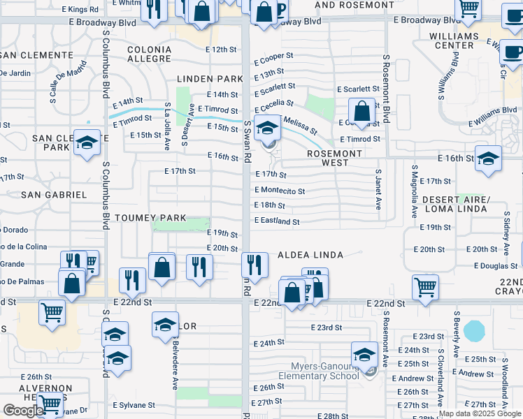 map of restaurants, bars, coffee shops, grocery stores, and more near 4702 East Eastland Street in Tucson