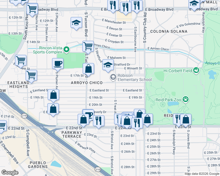 map of restaurants, bars, coffee shops, grocery stores, and more near 830 South Treat Avenue in Tucson