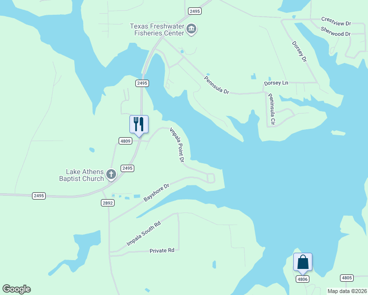 map of restaurants, bars, coffee shops, grocery stores, and more near 5489 Impala Point Drive in Athens