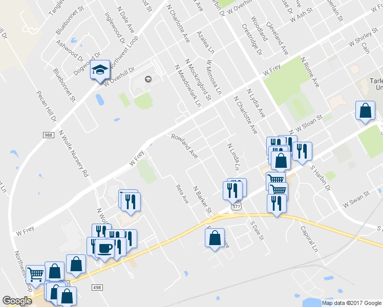 map of restaurants, bars, coffee shops, grocery stores, and more near 400 Rowland Avenue in Stephenville
