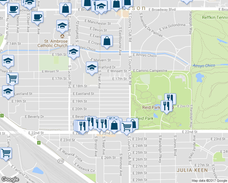 map of restaurants, bars, coffee shops, grocery stores, and more near 2919 East Eastland Street in Tucson