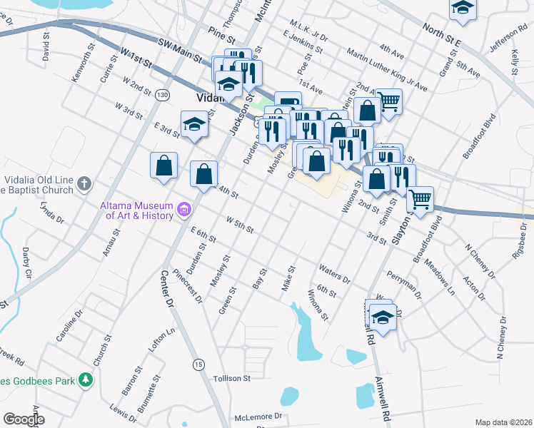 map of restaurants, bars, coffee shops, grocery stores, and more near 407 Green Street in Vidalia