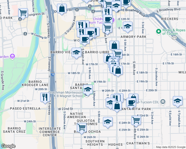map of restaurants, bars, coffee shops, grocery stores, and more near 759 South 9th Avenue in Tucson