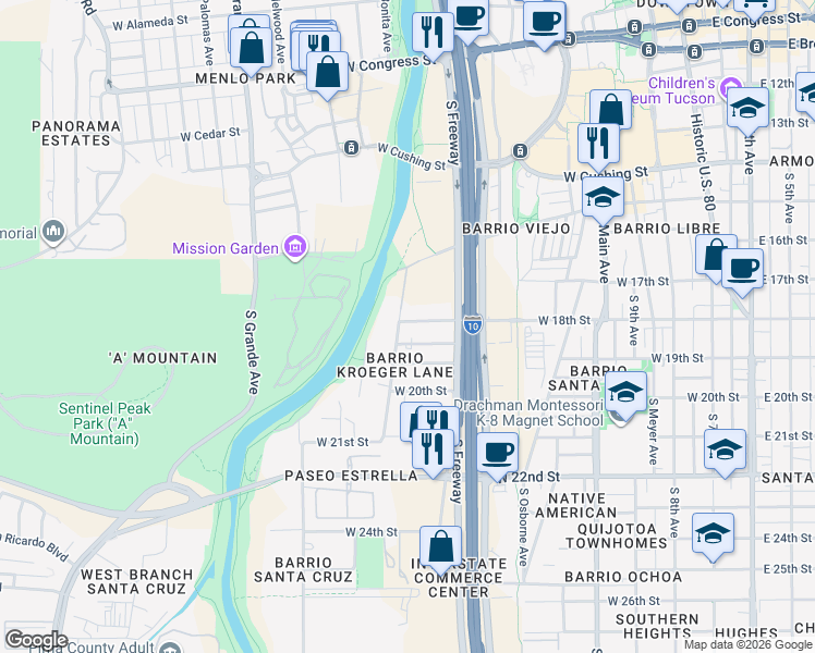 map of restaurants, bars, coffee shops, grocery stores, and more near 860 West 18th Street in Tucson
