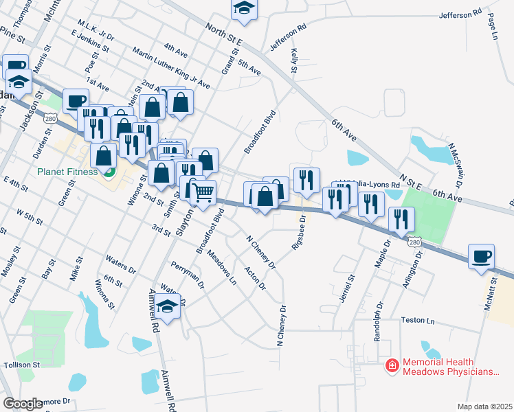 map of restaurants, bars, coffee shops, grocery stores, and more near 1011 1st Street in Vidalia