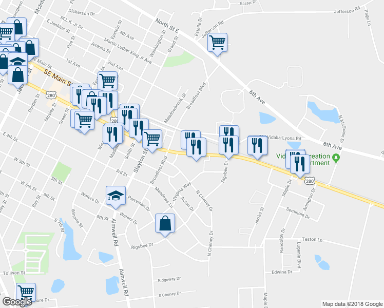 map of restaurants, bars, coffee shops, grocery stores, and more near 1011 1st Street in Vidalia