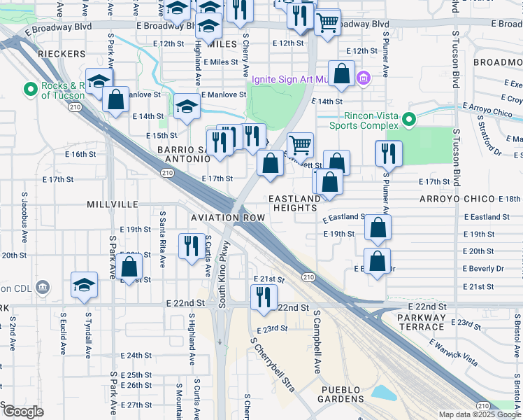 map of restaurants, bars, coffee shops, grocery stores, and more near 1603 East 18th Street in Tucson