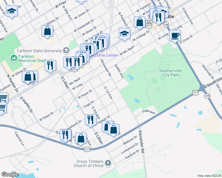map of restaurants, bars, coffee shops, grocery stores, and more near 560 Alexander Road in Stephenville