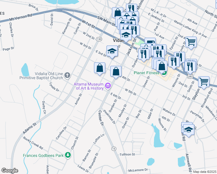 map of restaurants, bars, coffee shops, grocery stores, and more near 607 Jackson Street in Vidalia