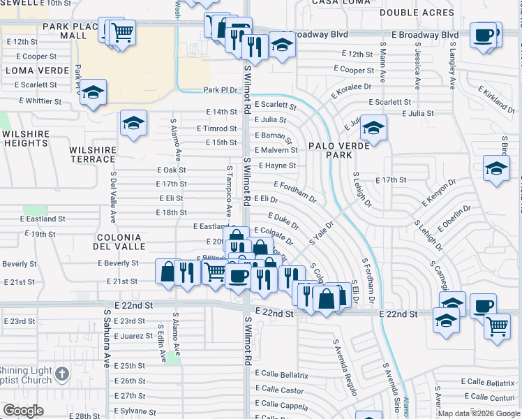 map of restaurants, bars, coffee shops, grocery stores, and more near 6305 East Eli Drive in Tucson