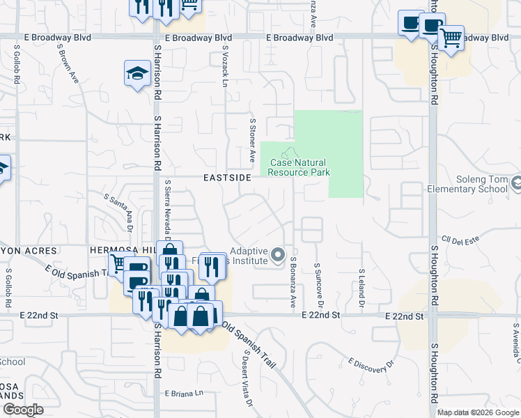 map of restaurants, bars, coffee shops, grocery stores, and more near 672 South Rincon Rising Road in Tucson