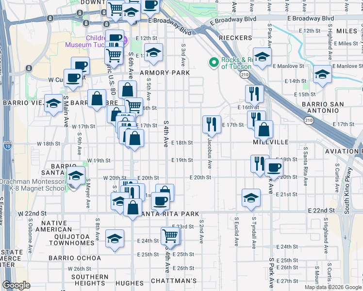 map of restaurants, bars, coffee shops, grocery stores, and more near 346 East 18th Street in Tucson