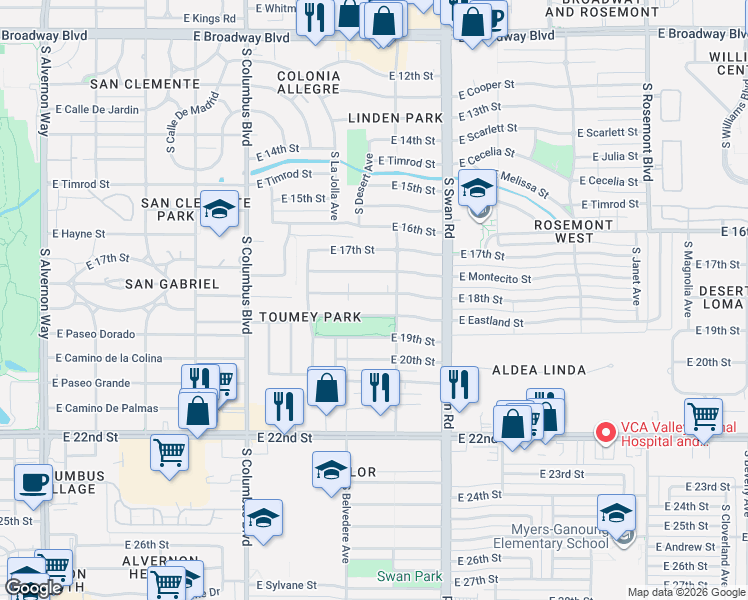 map of restaurants, bars, coffee shops, grocery stores, and more near 4551 East 18th Street in Tucson