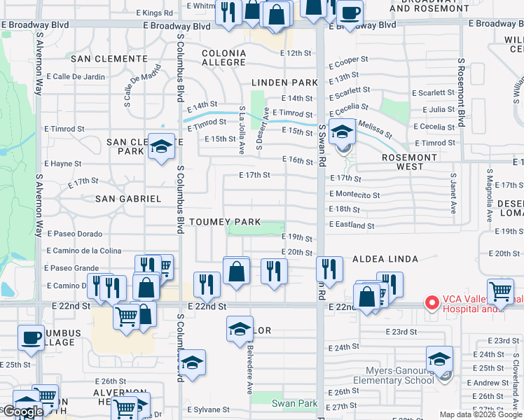 map of restaurants, bars, coffee shops, grocery stores, and more near 4503 East 18th Street in Tucson