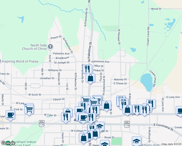 map of restaurants, bars, coffee shops, grocery stores, and more near 802 North Needmore Street in Athens