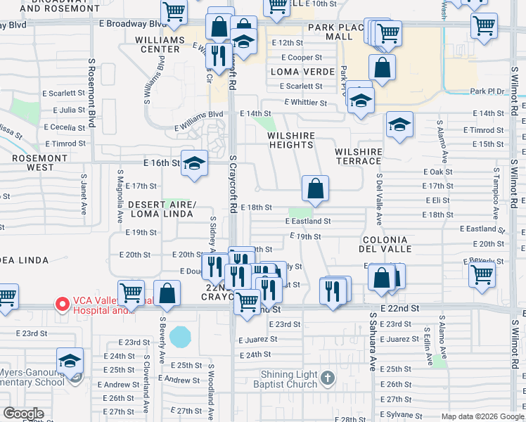 map of restaurants, bars, coffee shops, grocery stores, and more near 5653 East 18th Street in Tucson