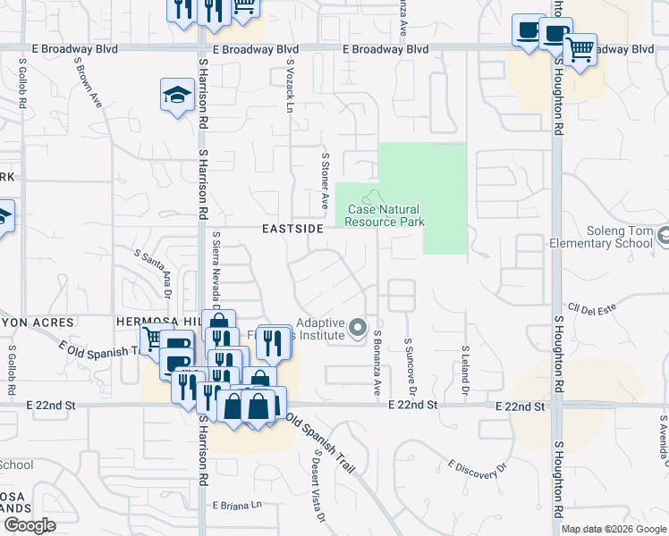 map of restaurants, bars, coffee shops, grocery stores, and more near 672 South Rincon Rising Road in Tucson