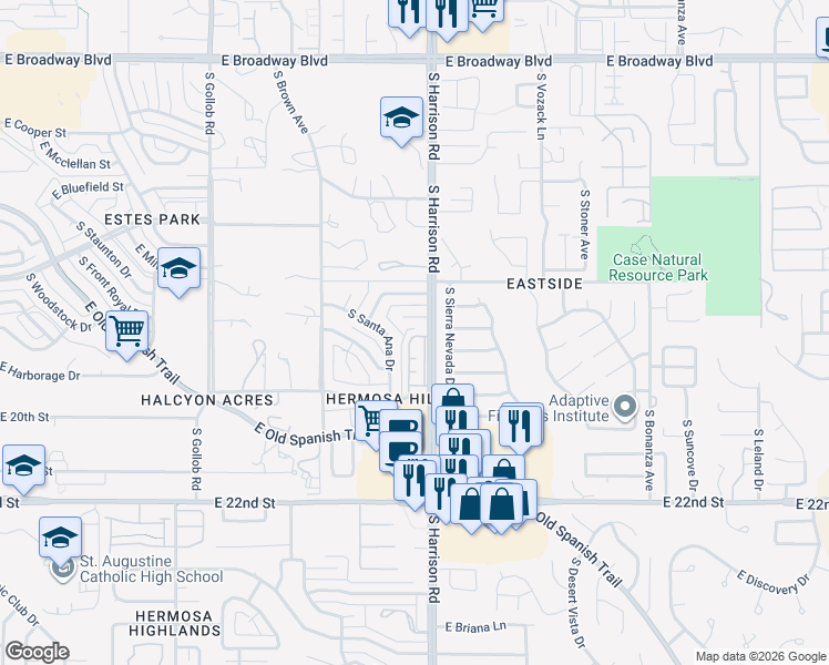 map of restaurants, bars, coffee shops, grocery stores, and more near 9465 East Harrison Place in Tucson