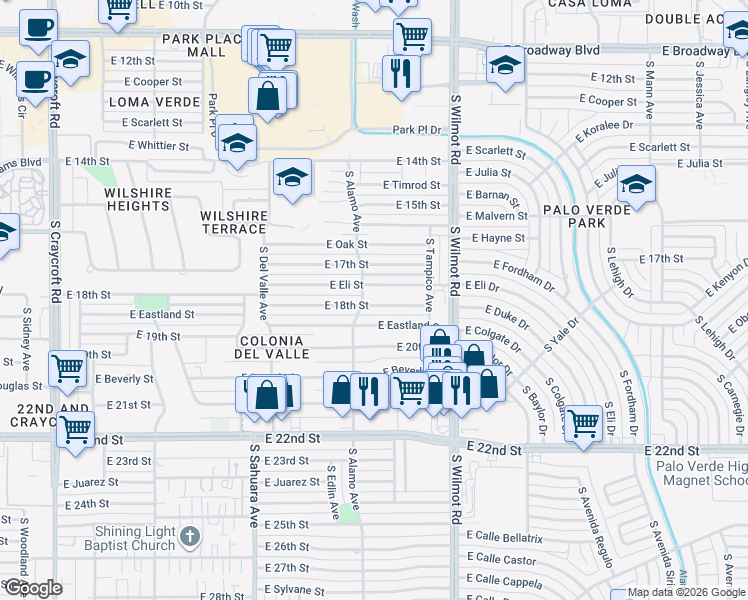 map of restaurants, bars, coffee shops, grocery stores, and more near 6061 East Eli Drive in Tucson