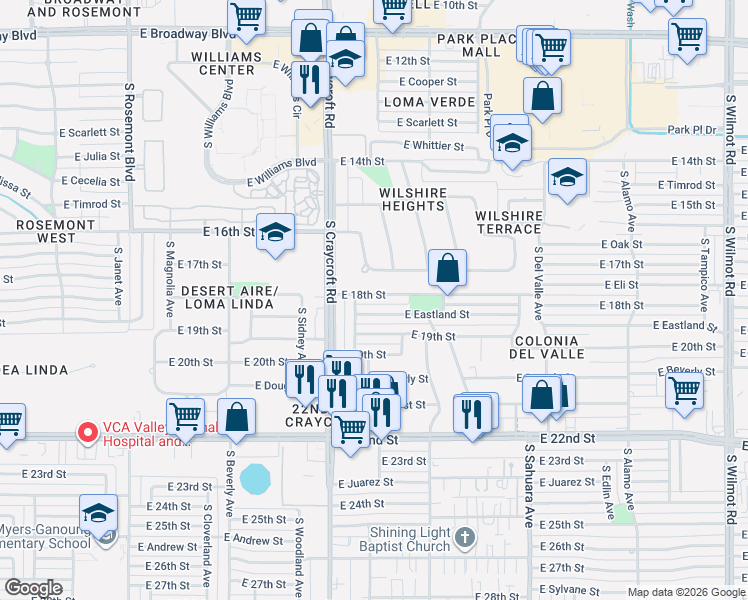 map of restaurants, bars, coffee shops, grocery stores, and more near 5653 East 18th Street in Tucson