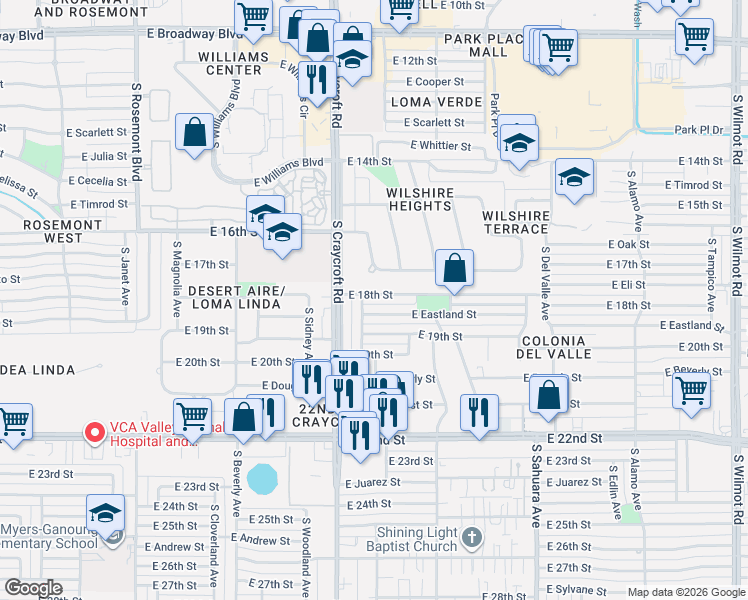 map of restaurants, bars, coffee shops, grocery stores, and more near 5603 East 18th Street in Tucson