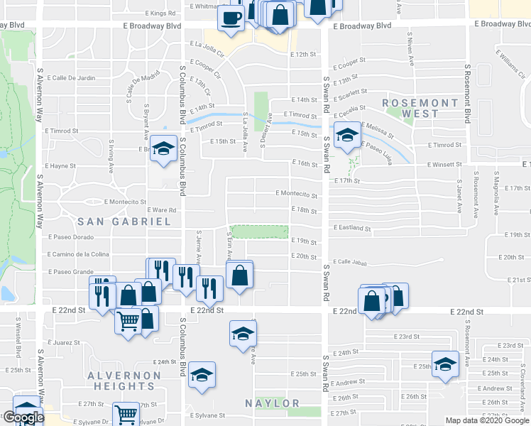 map of restaurants, bars, coffee shops, grocery stores, and more near 4503 East 18th Street in Tucson