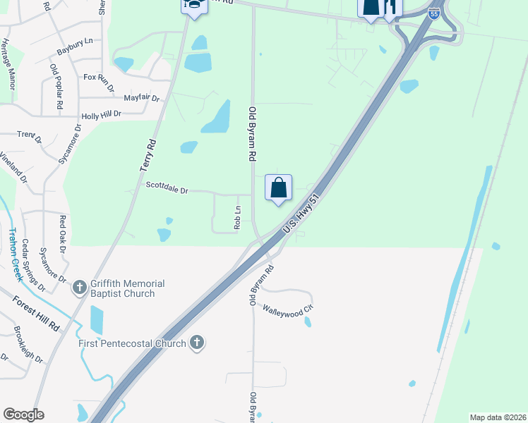 map of restaurants, bars, coffee shops, grocery stores, and more near 4950 Old Byram Road in Jackson