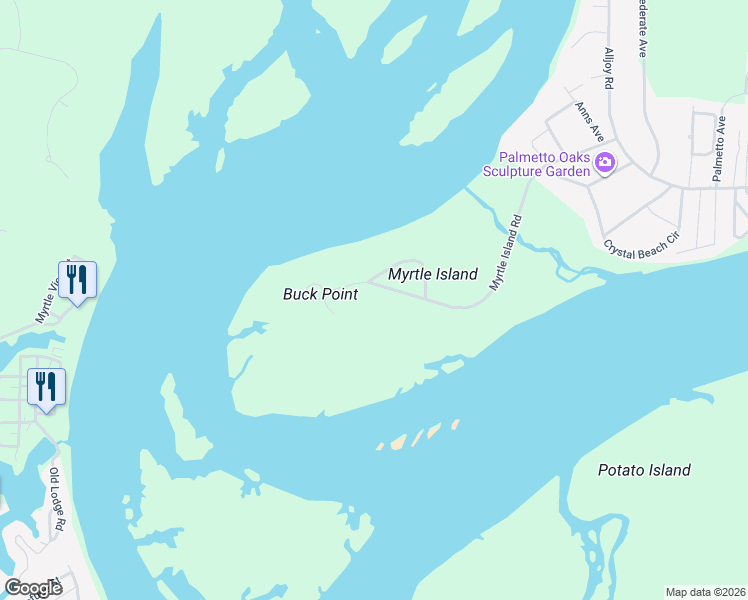 map of restaurants, bars, coffee shops, grocery stores, and more near 104 Myrtle Island Road in Bluffton