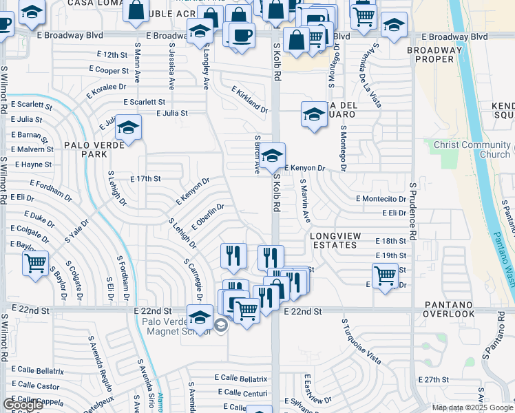 map of restaurants, bars, coffee shops, grocery stores, and more near 710 South Kolb Road in Tucson