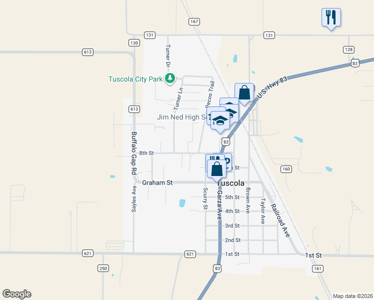 map of restaurants, bars, coffee shops, grocery stores, and more near 825 Turner Lane in Tuscola