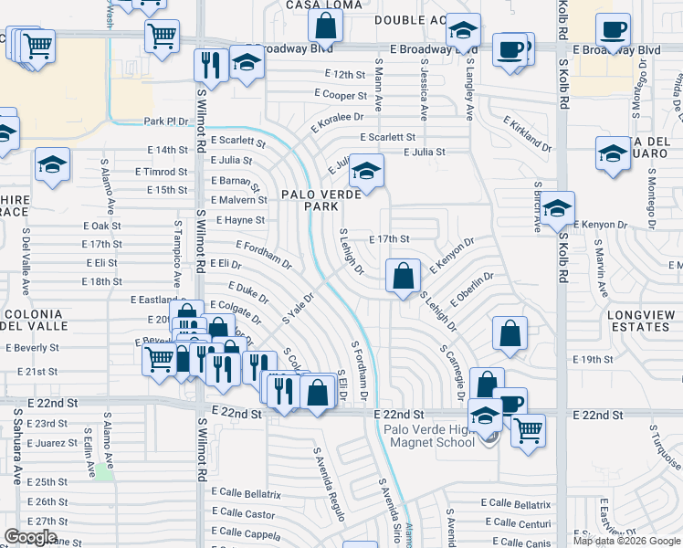 map of restaurants, bars, coffee shops, grocery stores, and more near 649 South Kenyon Drive in Tucson
