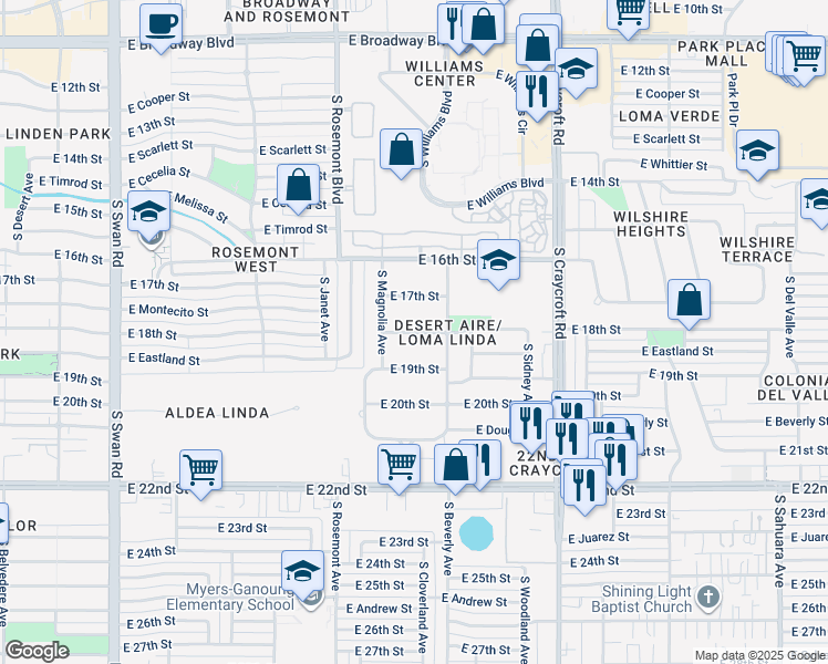 map of restaurants, bars, coffee shops, grocery stores, and more near 5259 East 18th Street in Tucson