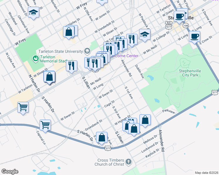 map of restaurants, bars, coffee shops, grocery stores, and more near 450 South 2nd Avenue in Stephenville